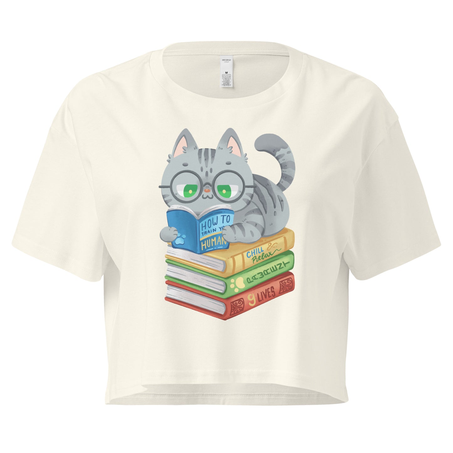Crop top with cat in glasses reading on top of a pile of books design