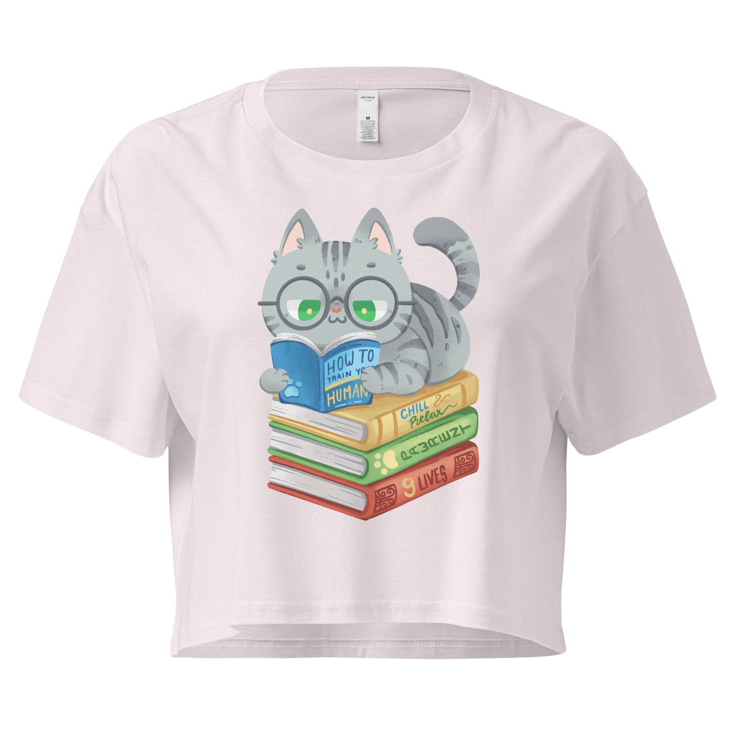 Crop top with cat in glasses reading on top of a pile of books design