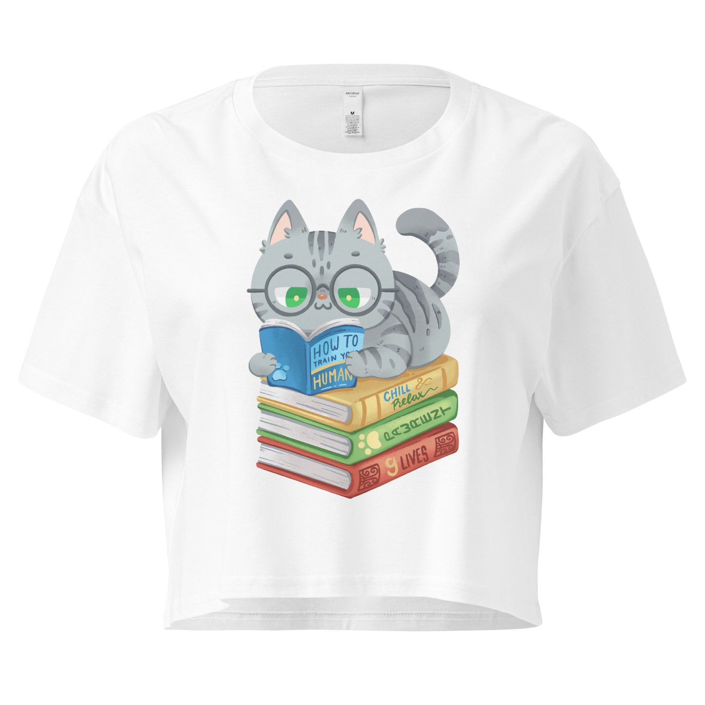 White crop top with cat in glasses reading on top of a pile of books design
