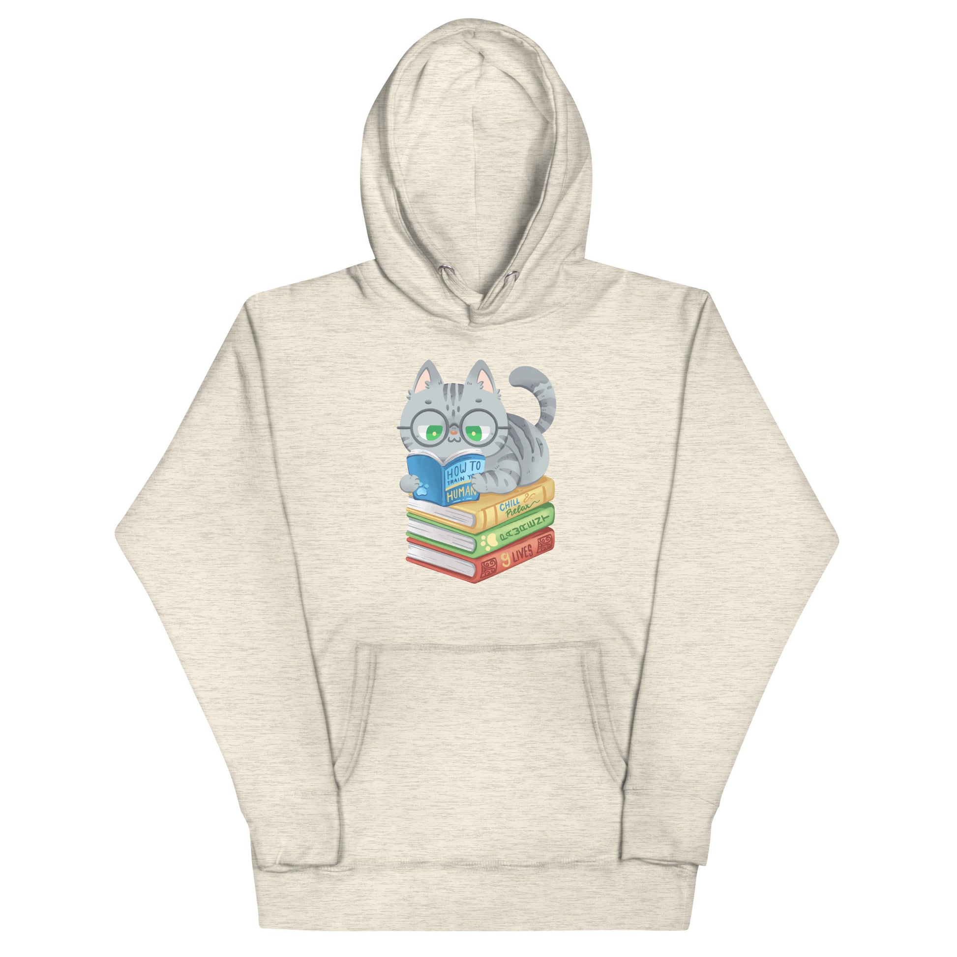 Beige heathered hoodie with gray cat laying down reading on top of a pile of books reading design