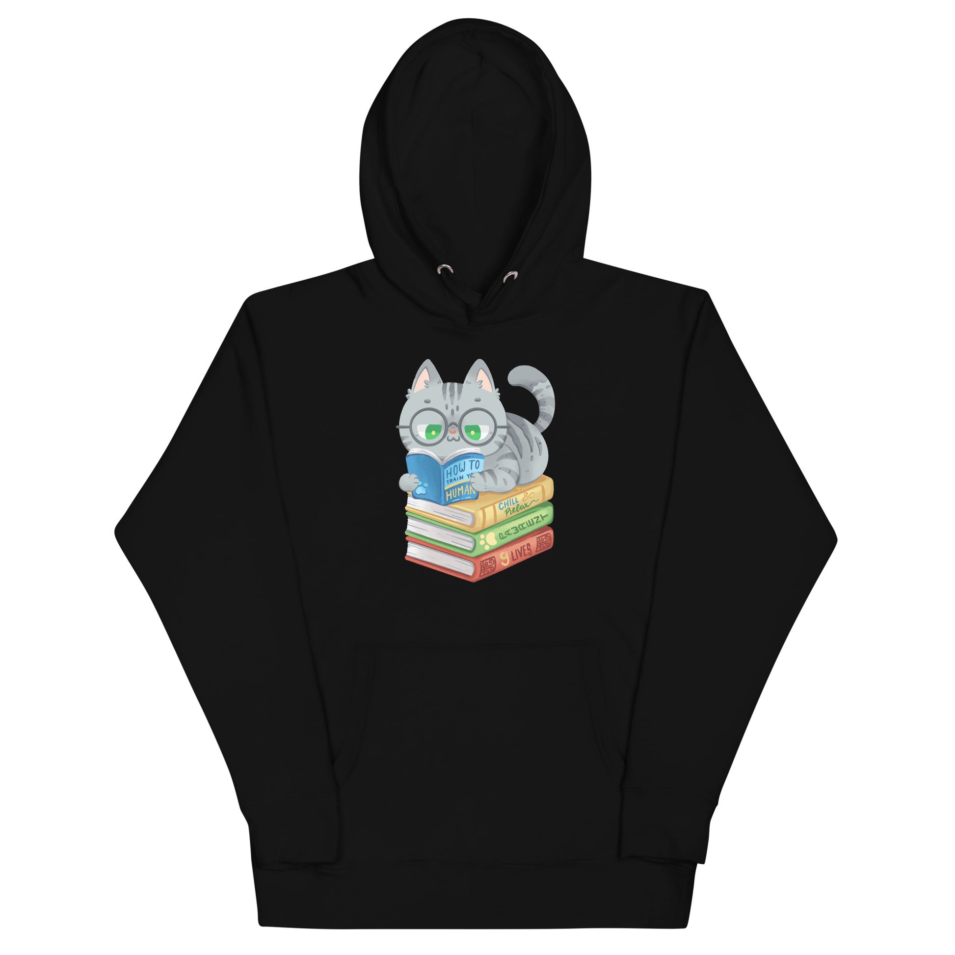 Black hoodie with gray cat laying down reading on top of a pile of books reading design