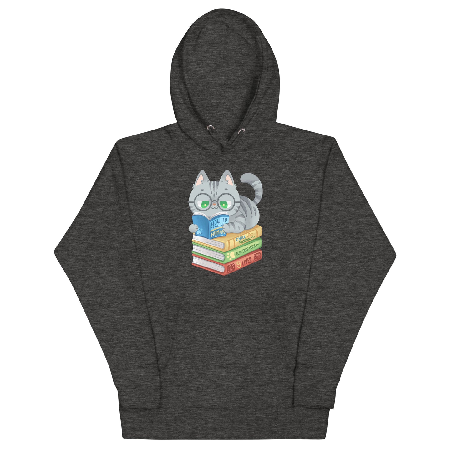 Dark gray heathered hoodie with gray cat laying down reading on top of a pile of books reading design