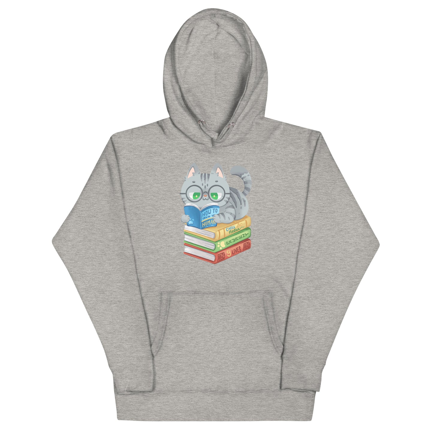 Light gray heathered hoodie with gray cat laying down reading on top of a pile of books reading design