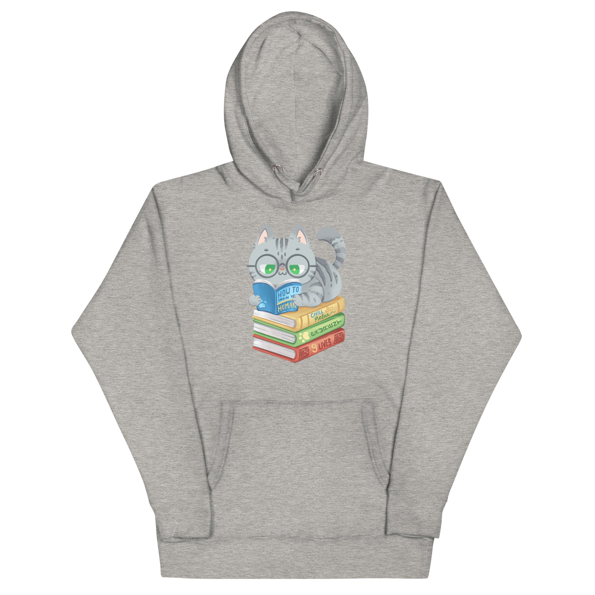 Light gray heathered hoodie with gray cat laying down reading on top of a pile of books reading design