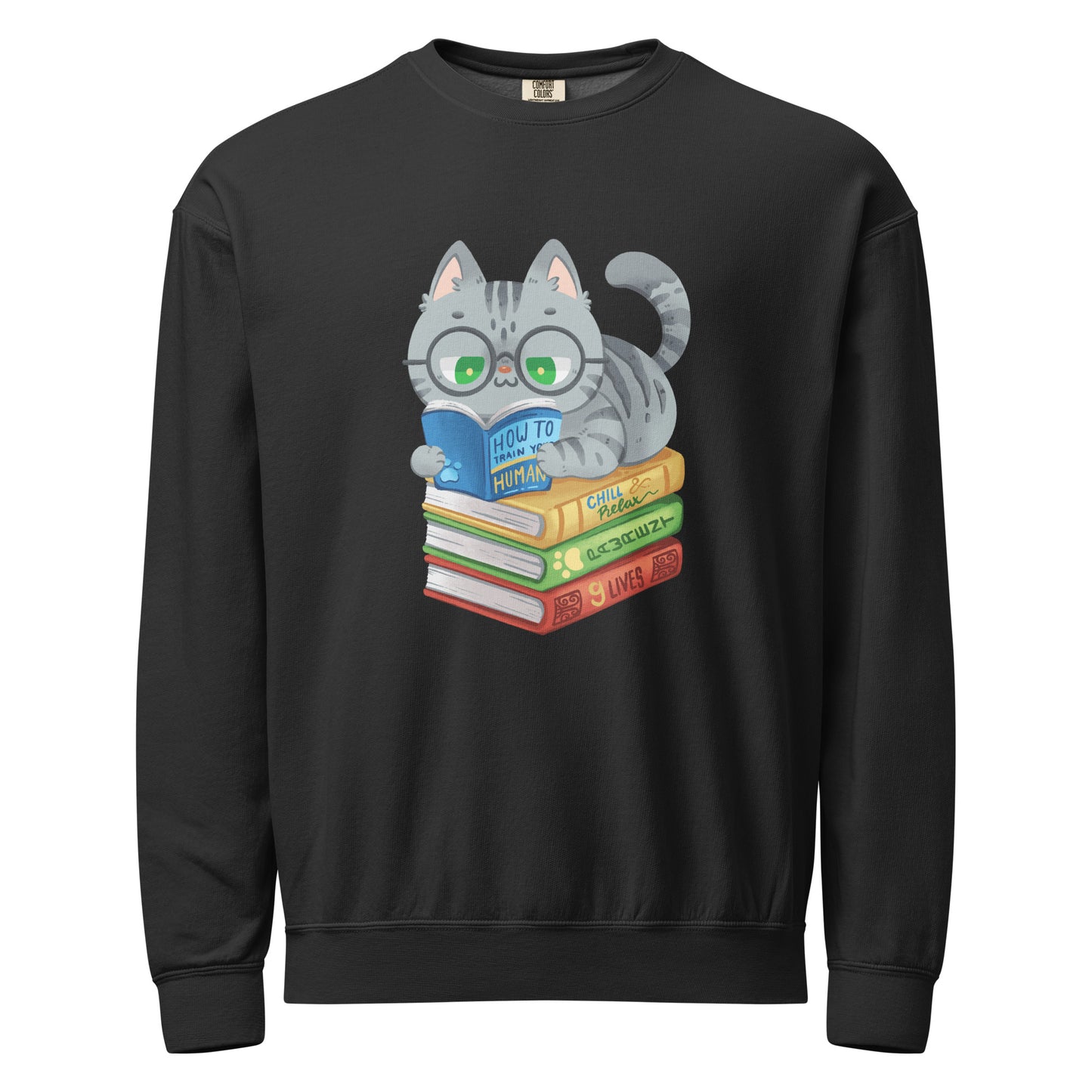 Cat and books crewneck sweatshirt in black with reading cat design