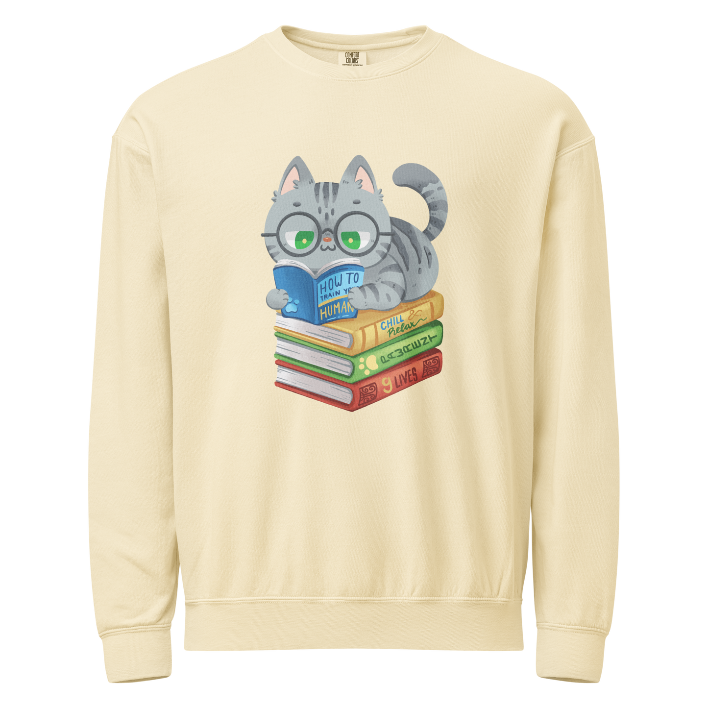 Cat and books crewneck sweatshirt ivory with reading cat design