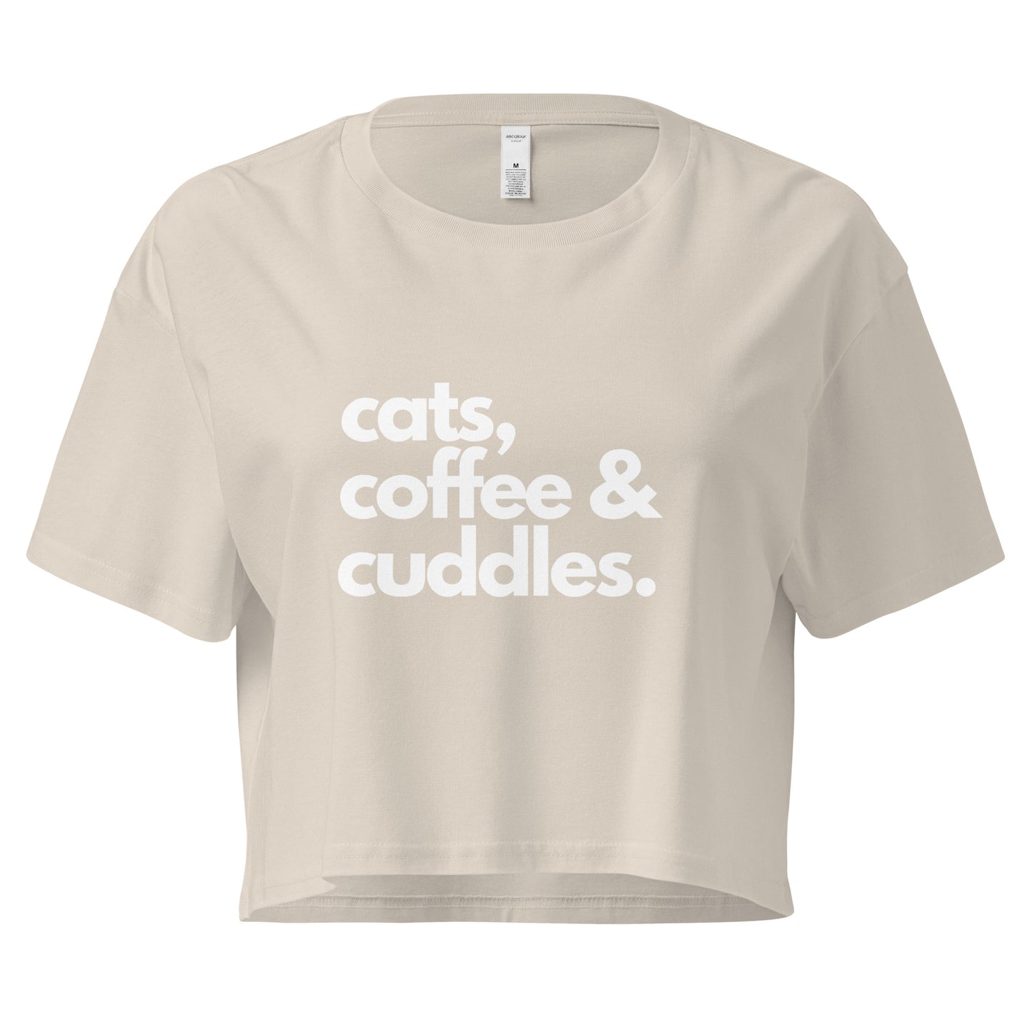 Beige crop top with 'cats coffee & cuddles' in white
