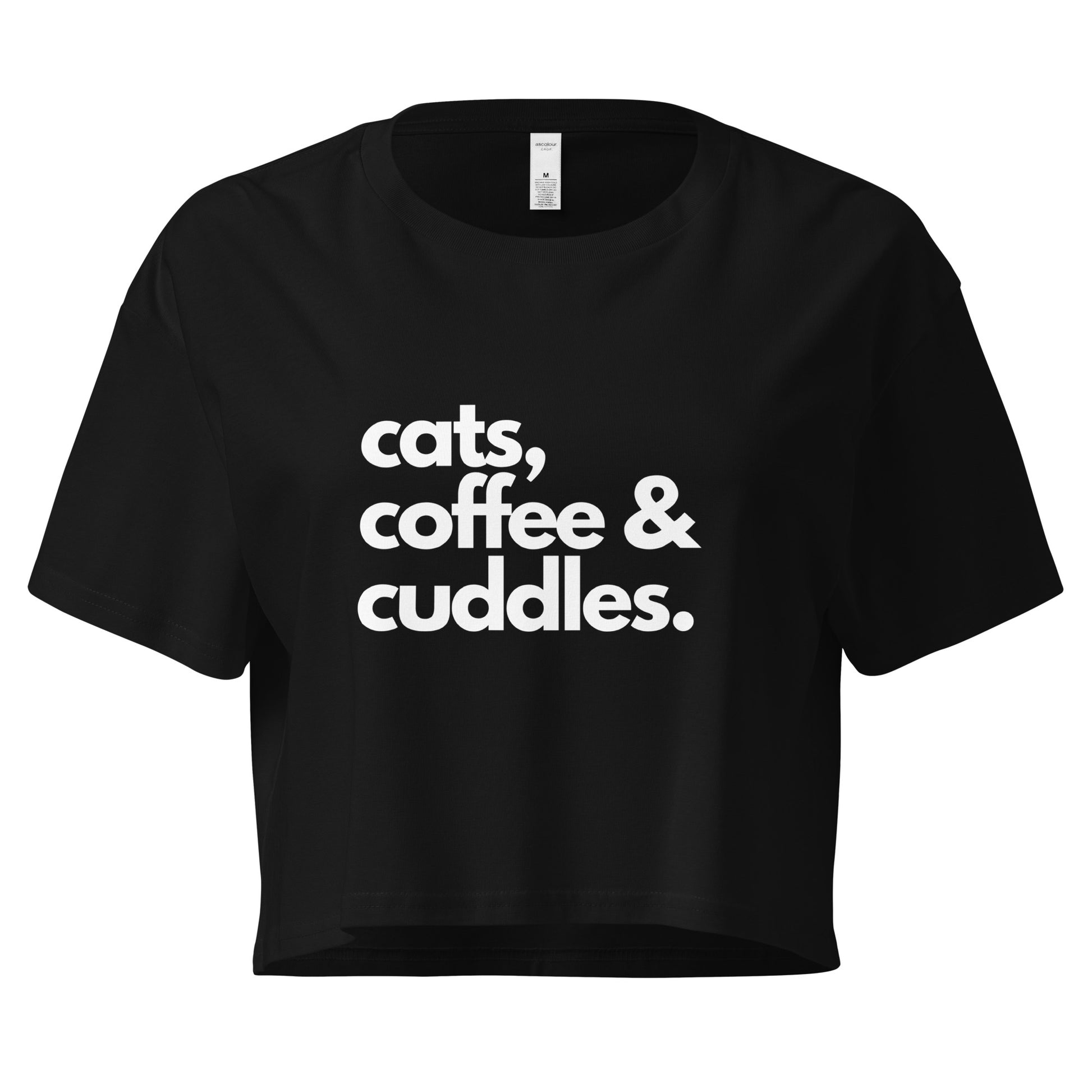 Black crop top with 'cats coffee & cuddles' in white