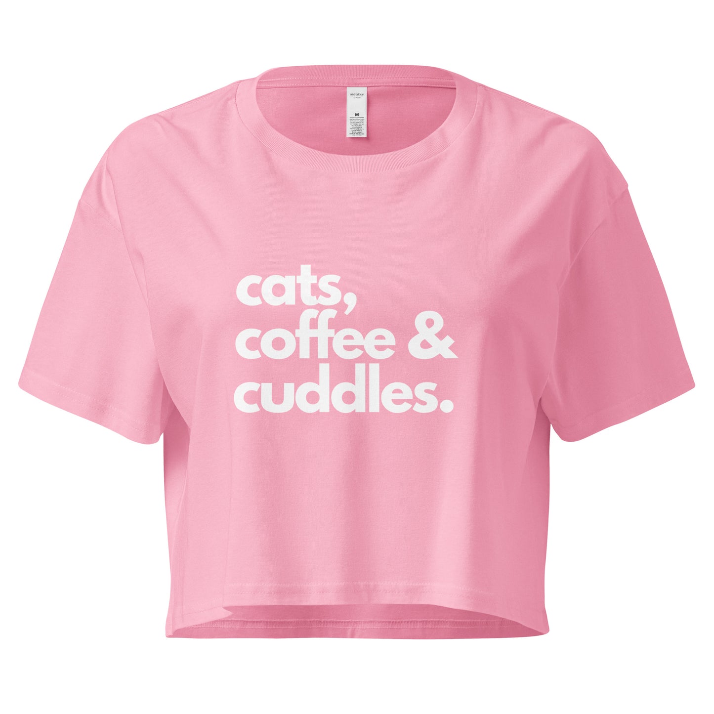 Pink crop top with 'cats coffee & cuddles' in white