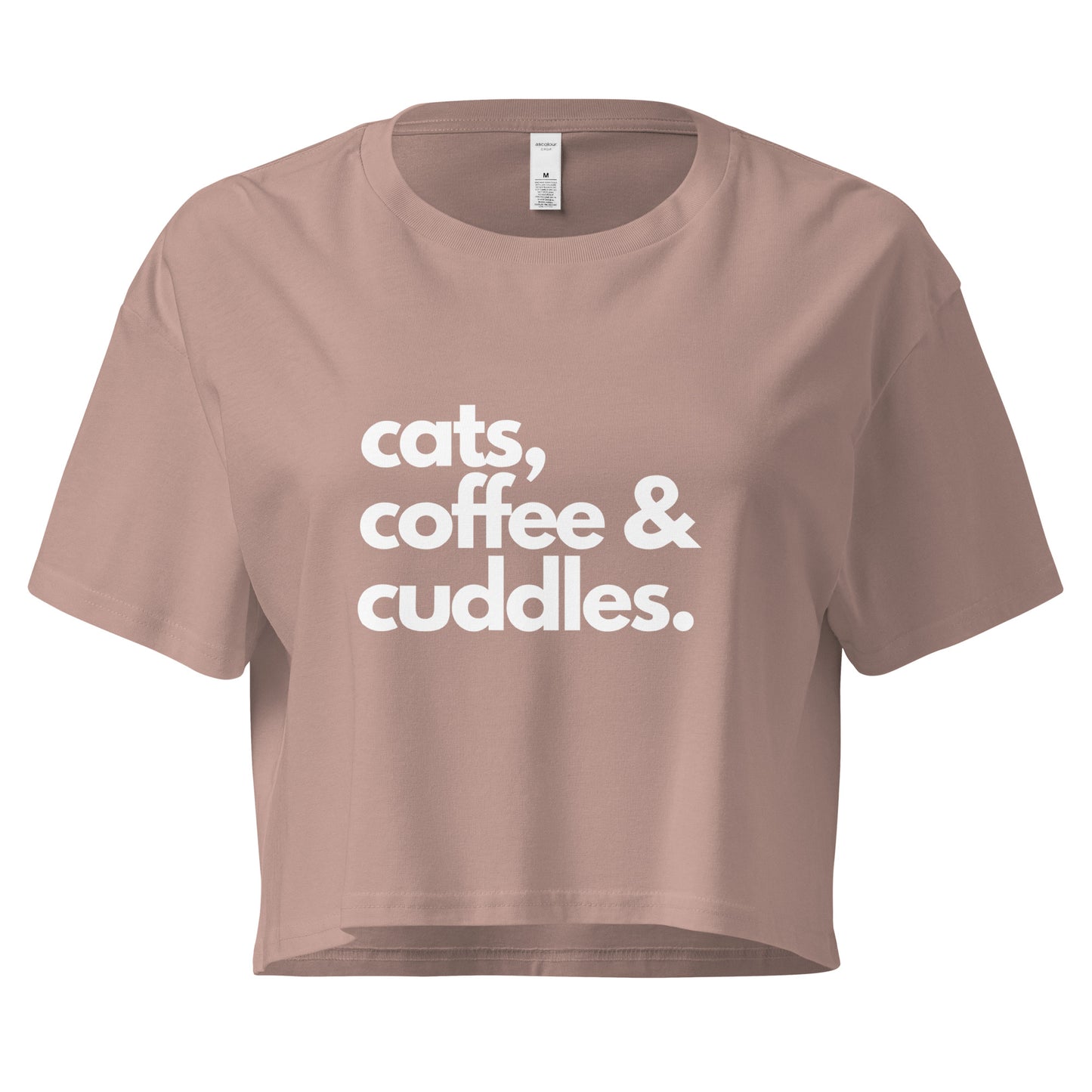 Crop top with 'cats coffee & cuddles' in white