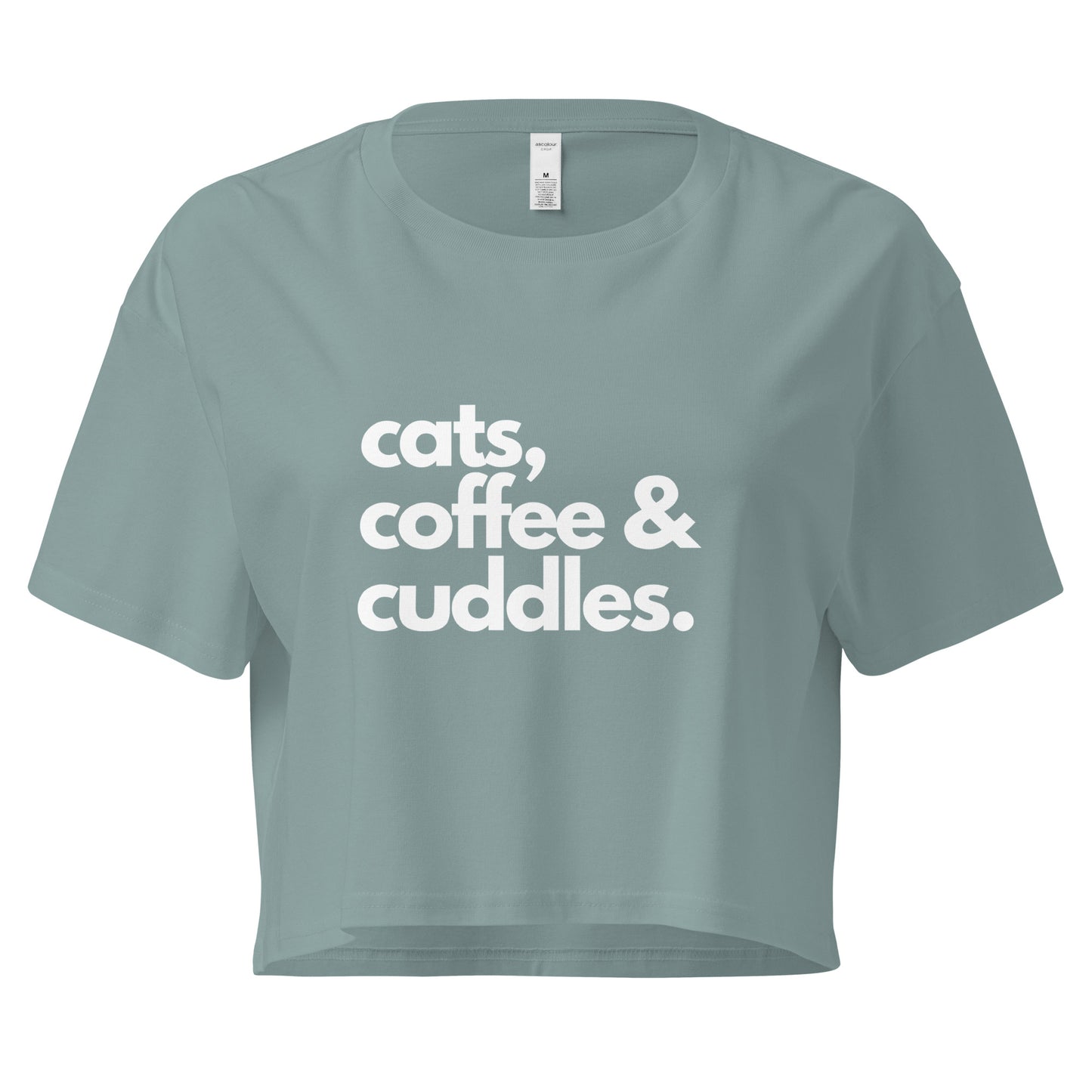 Crop top with 'cats coffee & cuddles' in white