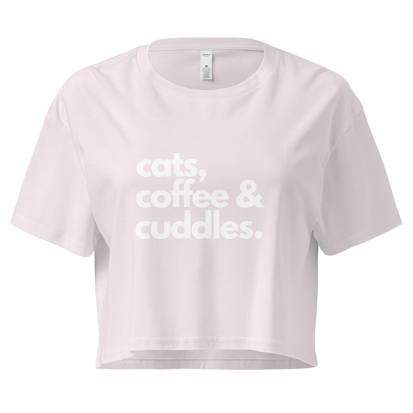 Crop top with 'cats coffee & cuddles' in white