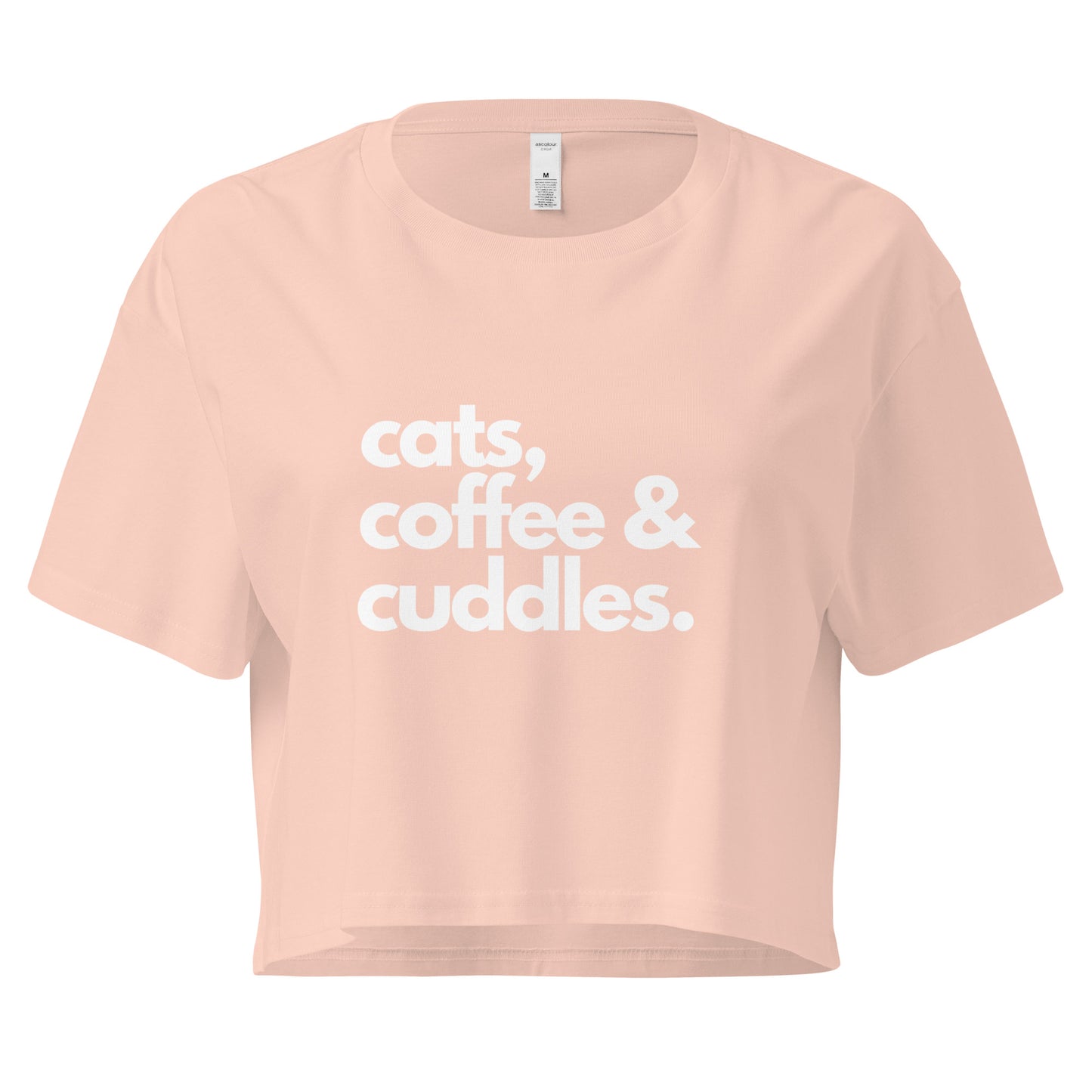 Peach crop top with 'cats coffee & cuddles' in white