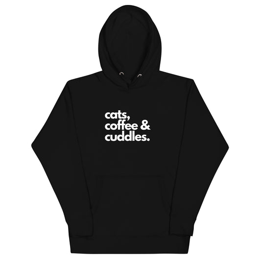 Black hoodie with 'cats, coffee & cuddles' white text