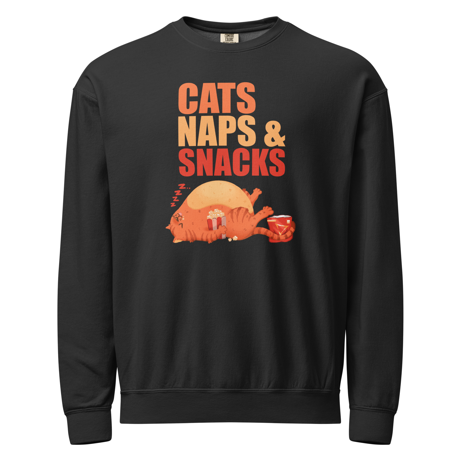 Black crewneck sweatshirt with 'Cats Naps & Snacks' text with sleepy cat and snacks