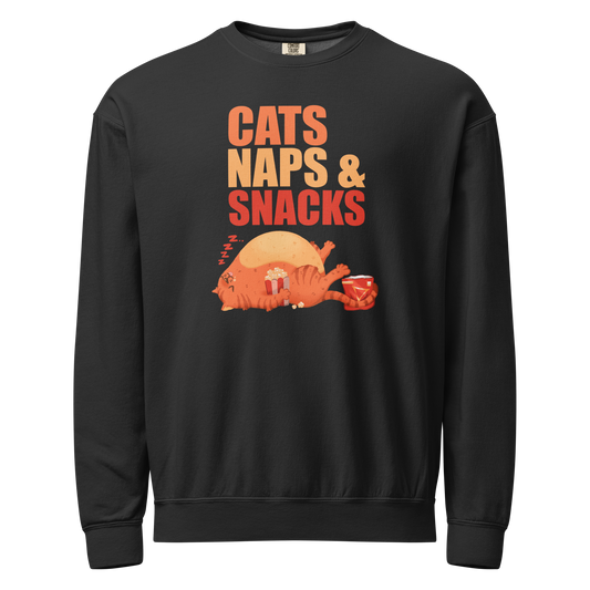 Black crewneck sweatshirt with 'Cats Naps & Snacks' text with sleepy cat and snacks