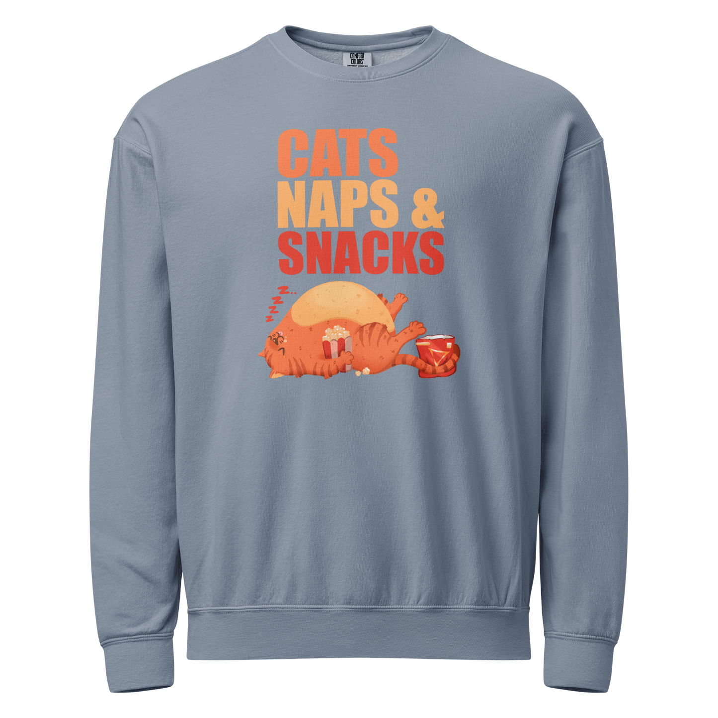 Blue crewneck sweatshirt with 'Cats Naps & Snacks' text with sleepy cat and snacks