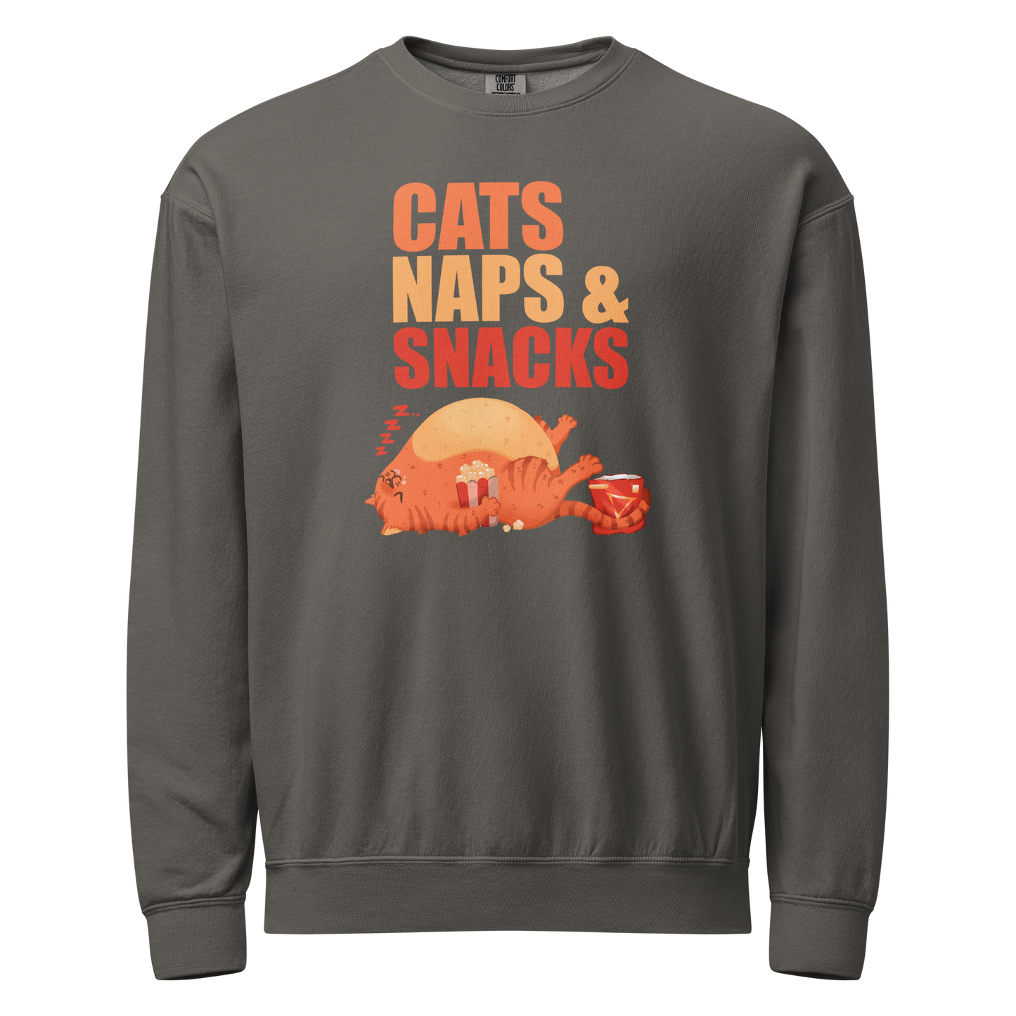 Gray crewneck sweatshirt with 'Cats Naps & Snacks' text with sleepy cat and snacks