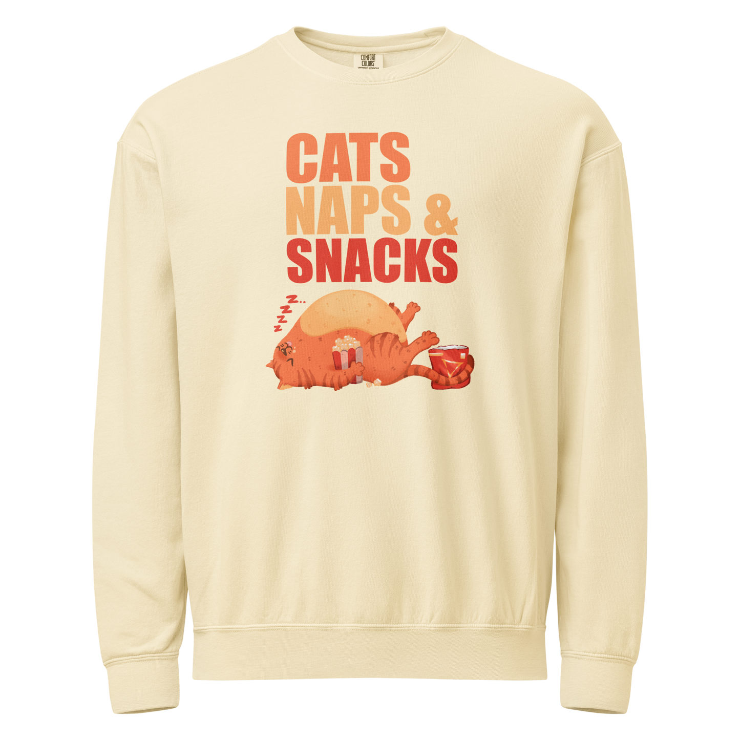 Ivory crewneck sweatshirt with 'Cats Naps & Snacks' text with sleepy cat and snacks