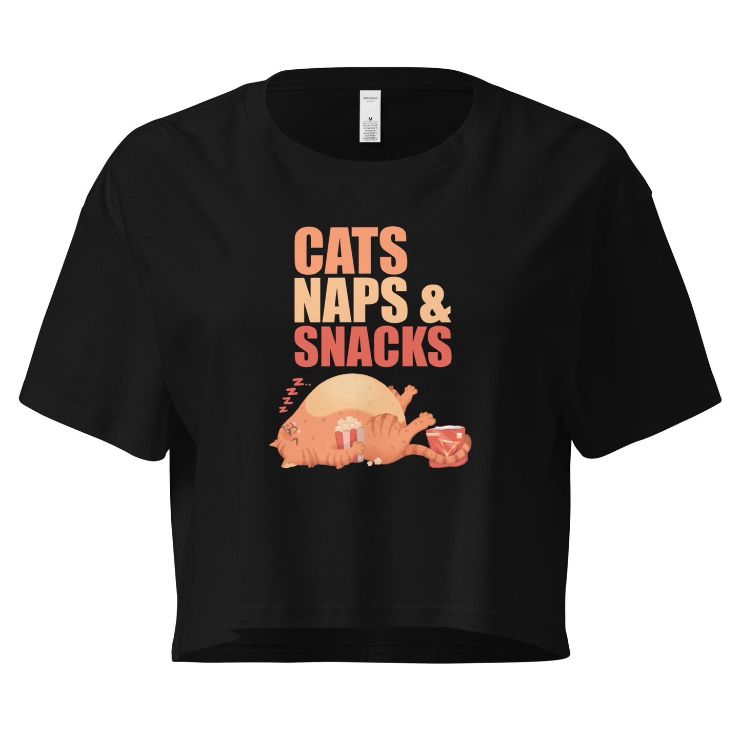 Black crop top with a sleepy cat with snacks design with 'Cats Naps and Snacks' text 
