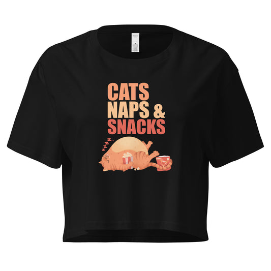 Black crop top with a sleepy cat with snacks design with 'Cats Naps and Snacks' text 