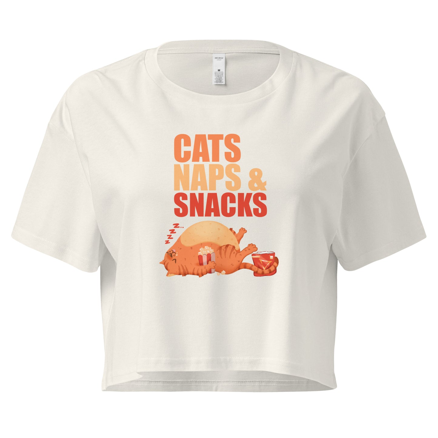 Crop top with a sleepy cat with snacks design with 'Cats Naps and Snacks' text 