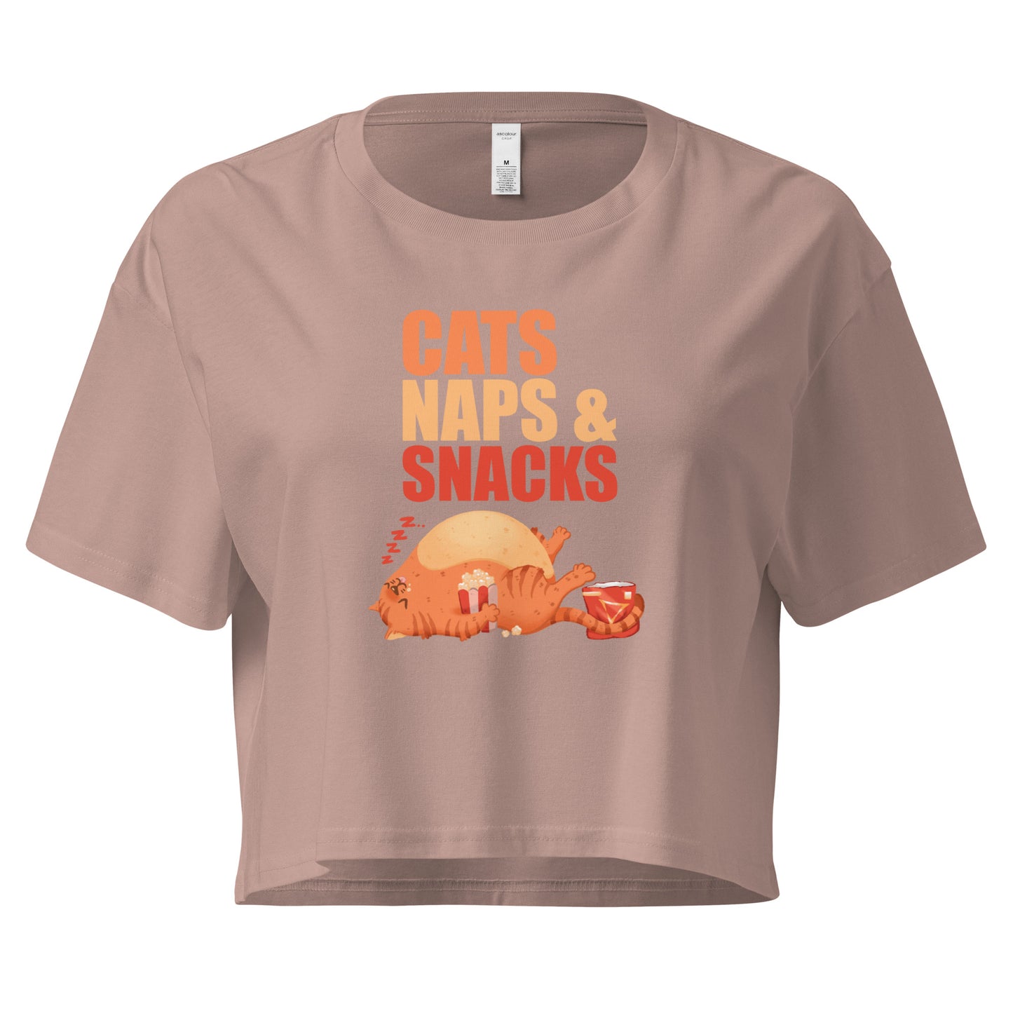 Crop top with a sleepy cat with snacks design with 'Cats Naps and Snacks' text 