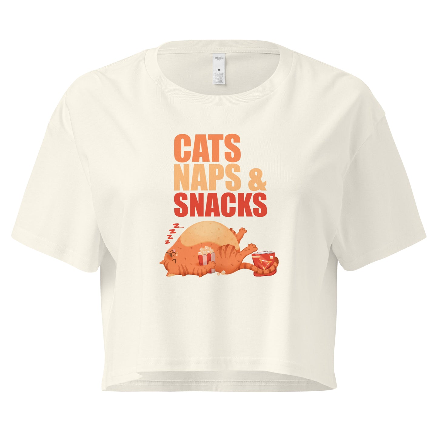 Crop top with a sleepy cat with snacks design with 'Cats Naps and Snacks' text 