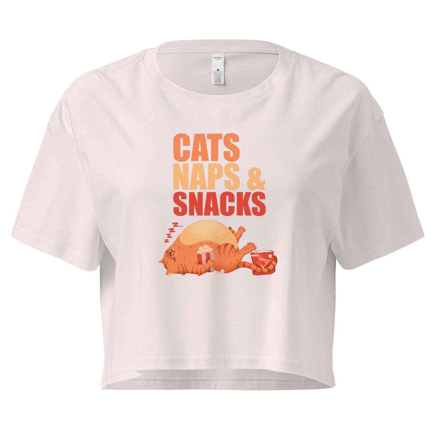 Crop top with a sleepy cat with snacks design with 'Cats Naps and Snacks' text 