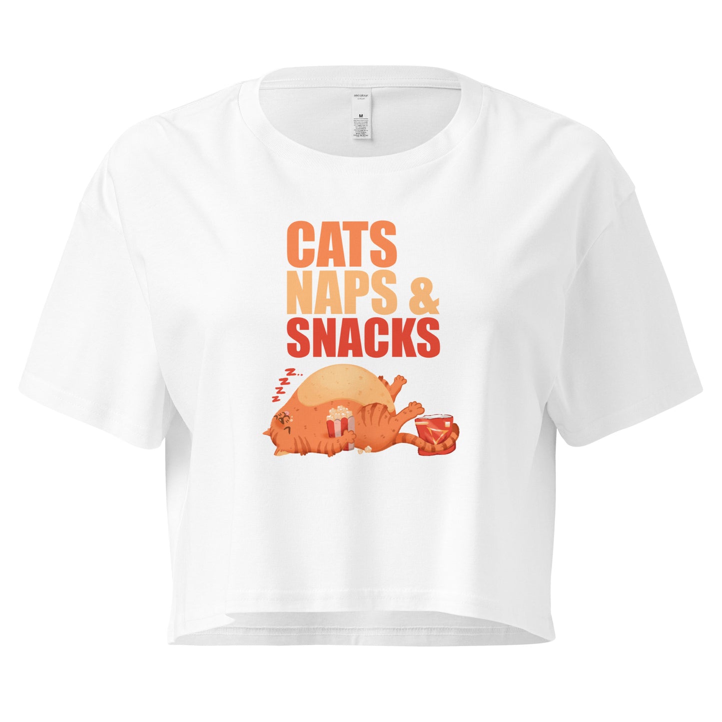 White crop top with a sleepy cat with snacks design with 'Cats Naps and Snacks' text 