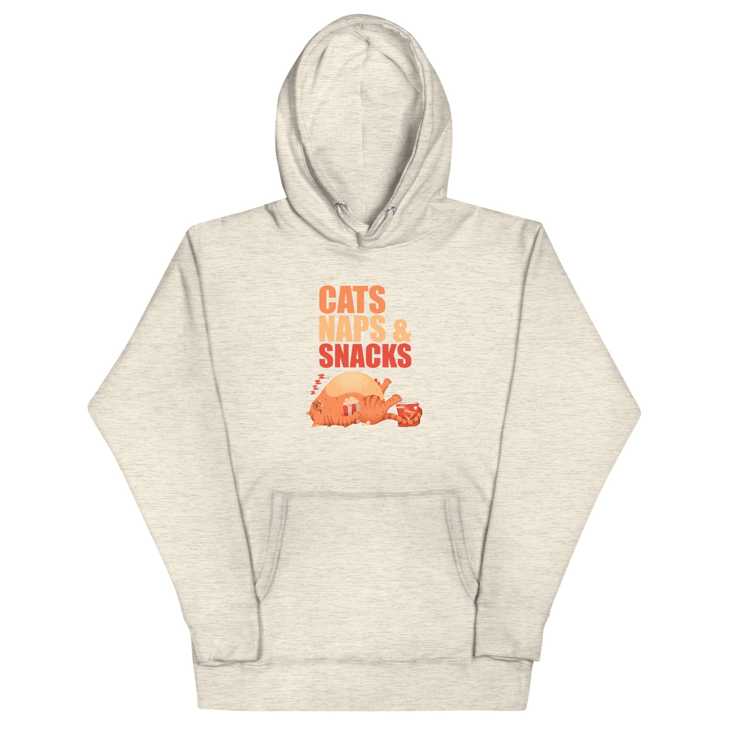 Beige heathered hoodie with an orange cat napping with snacks graphic design with 'CATS NAPS AND SNACKS' text