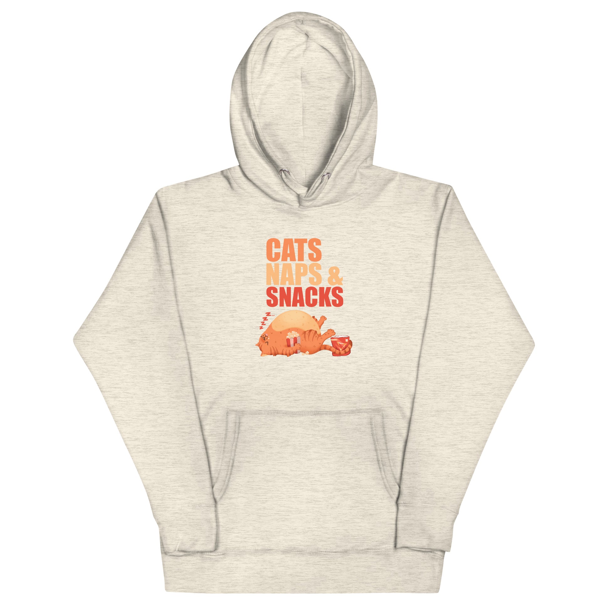 Beige heathered hoodie with an orange cat napping with snacks graphic design with 'CATS NAPS AND SNACKS' text