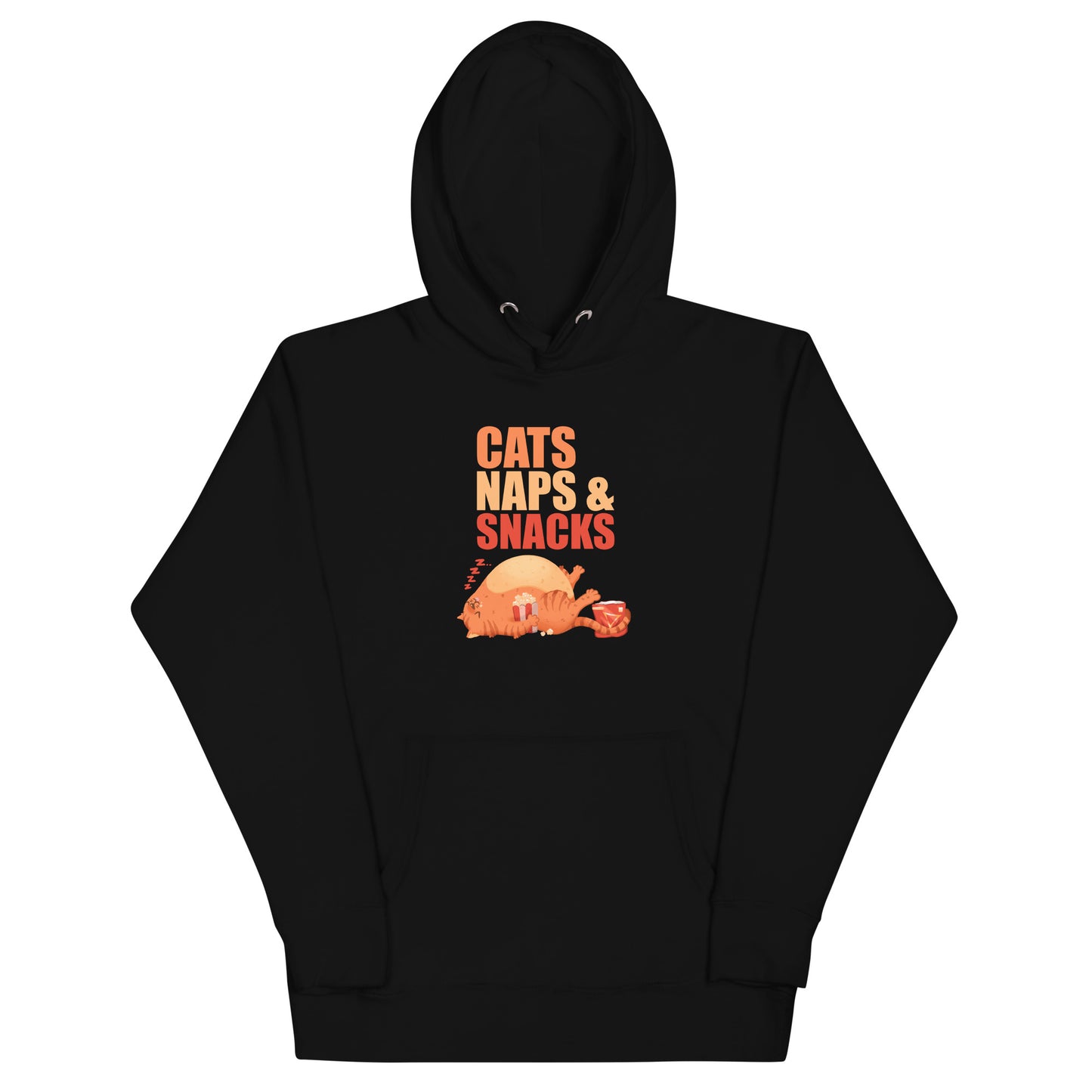 Black hoodie with an orange cat napping with snacks graphic design with 'CATS NAPS AND SNACKS' text