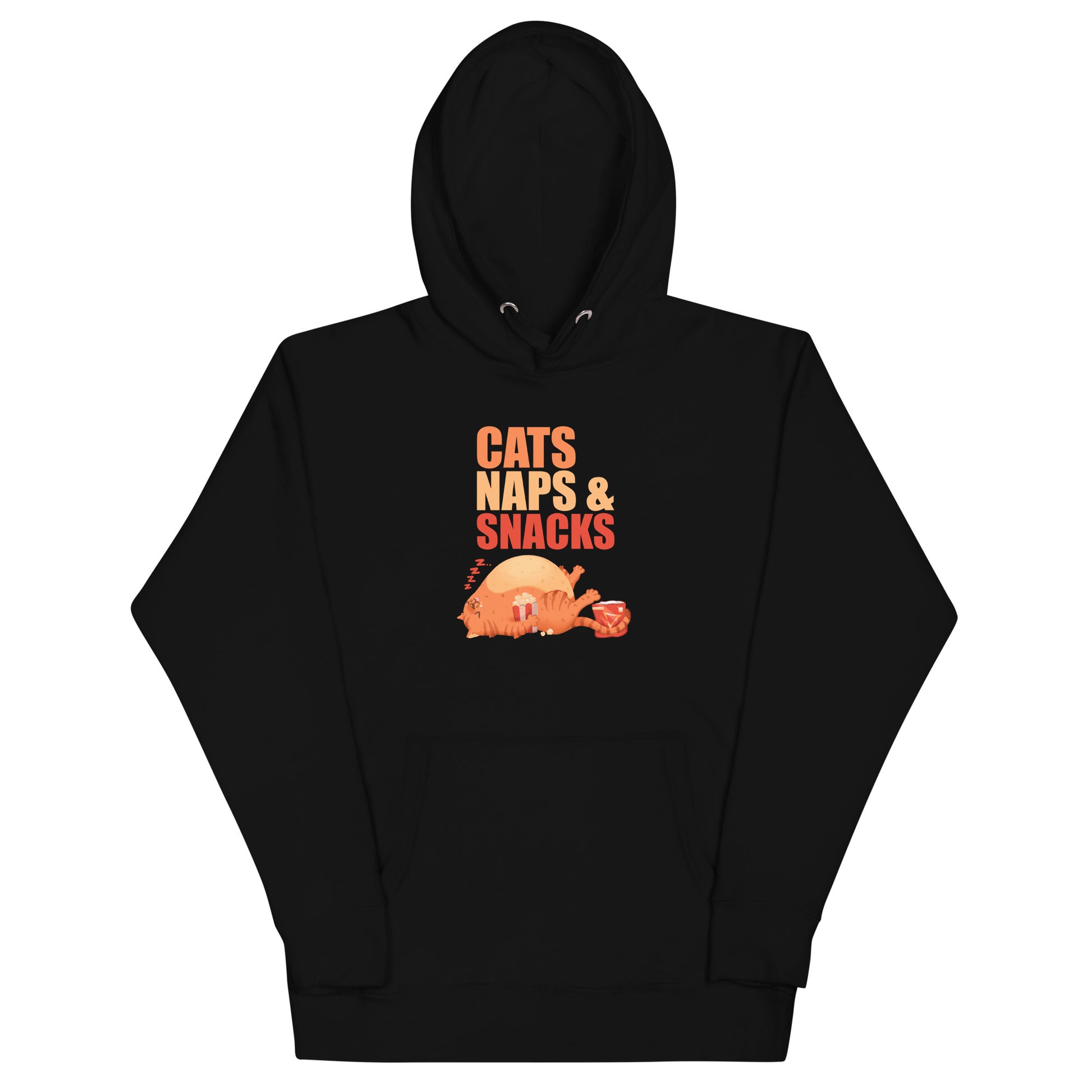 Black hoodie with an orange cat napping with snacks graphic design with 'CATS NAPS AND SNACKS' text