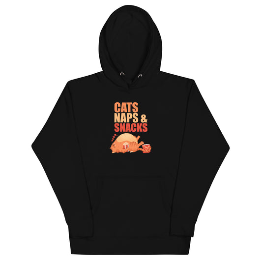 Black hoodie with an orange cat napping with snacks graphic design with 'CATS NAPS AND SNACKS' text