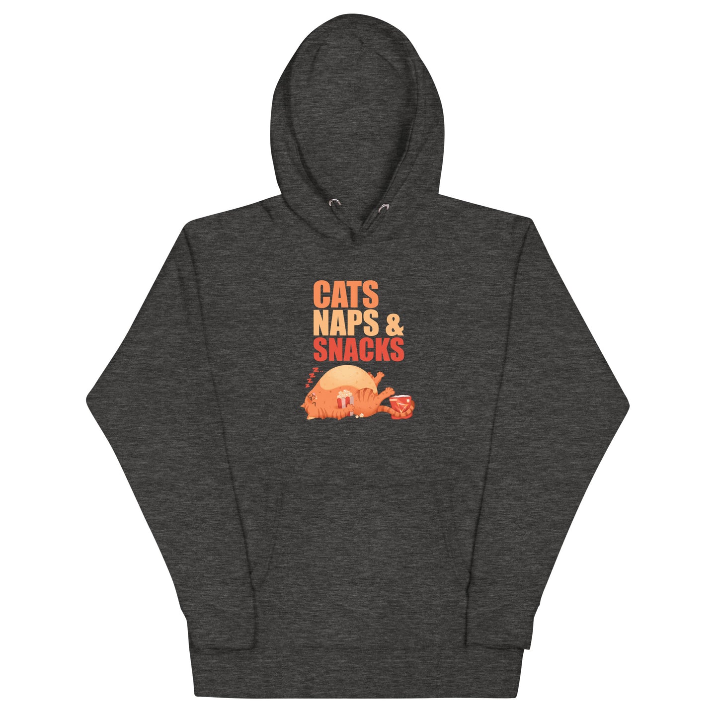 Dark gray heathered hoodie with an orange cat napping with snacks graphic design with 'CATS NAPS AND SNACKS' text