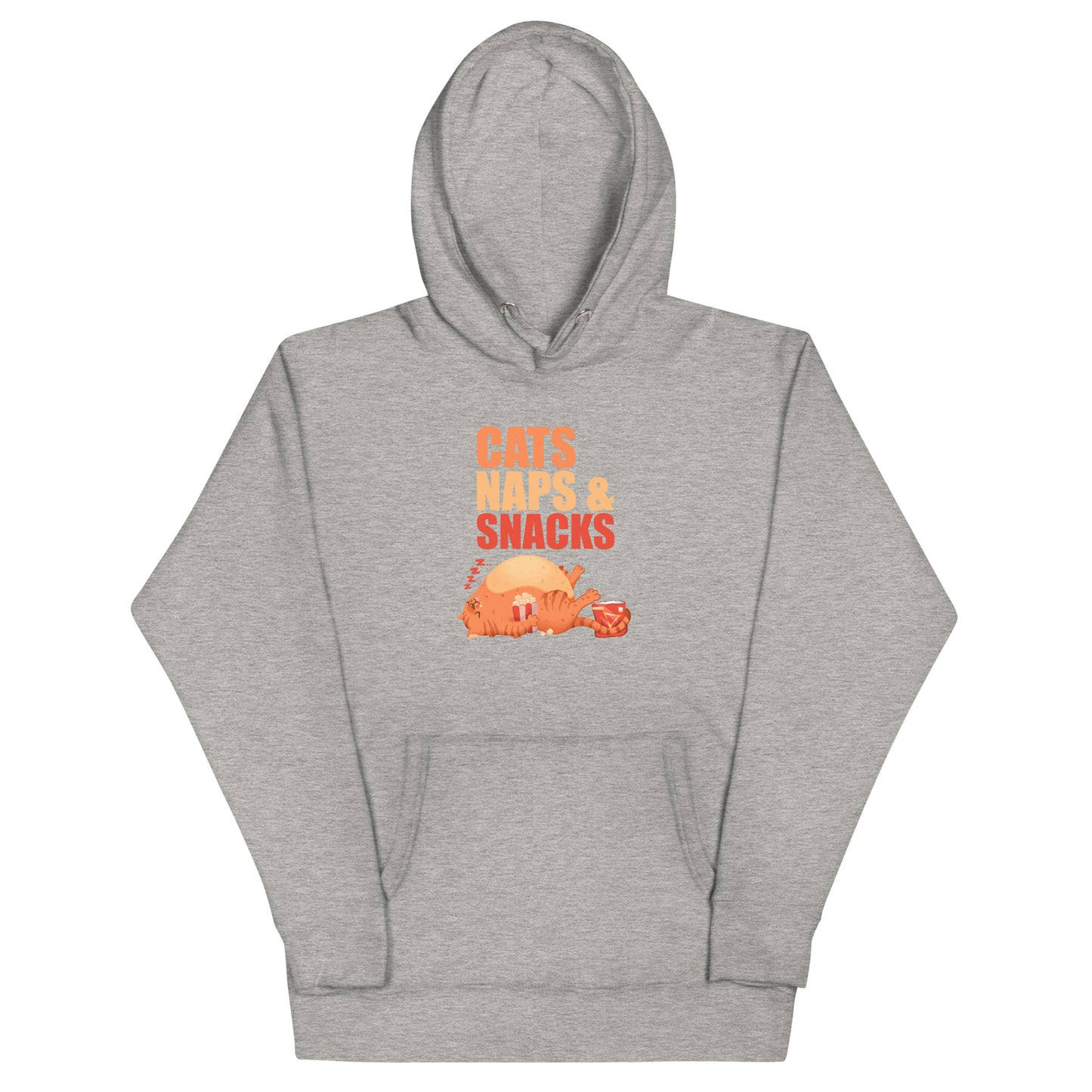 Light gray heathered hoodie with an orange cat napping with snacks graphic design with 'CATS NAPS AND SNACKS' text