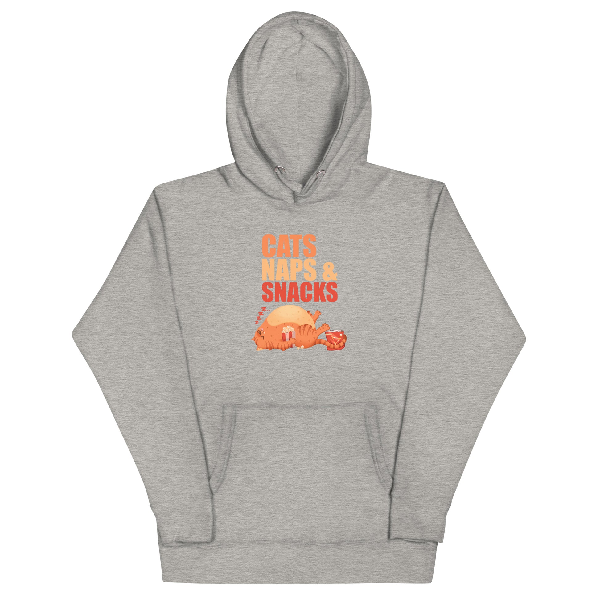 Light gray heathered hoodie with an orange cat napping with snacks graphic design with 'CATS NAPS AND SNACKS' text