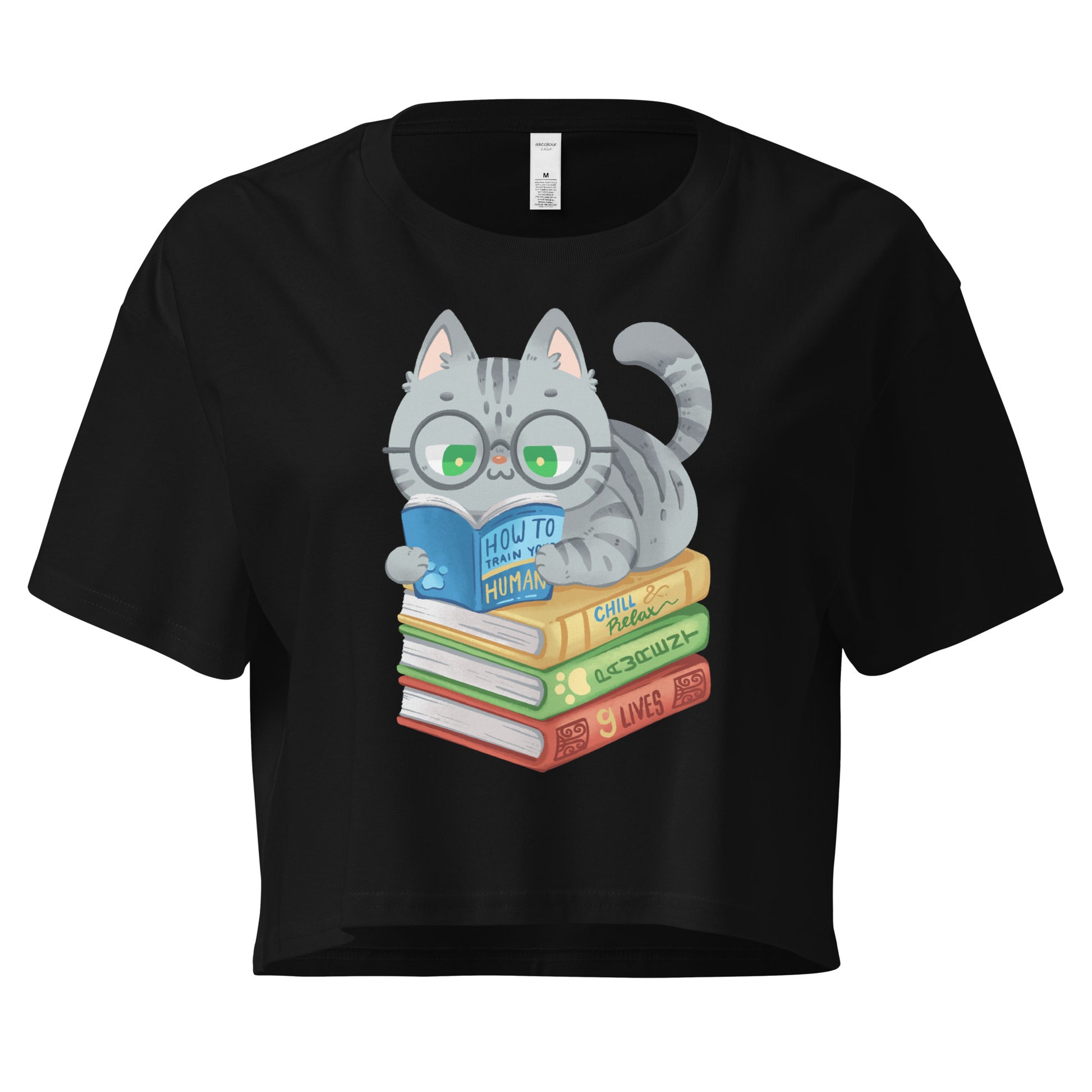 Black crop top with cat in glasses reading on top of a pile of books design