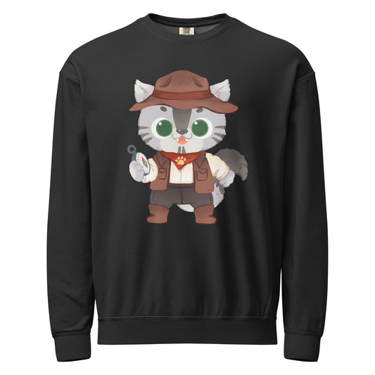 Black crewneck sweatshirt with adventure cat with compass design