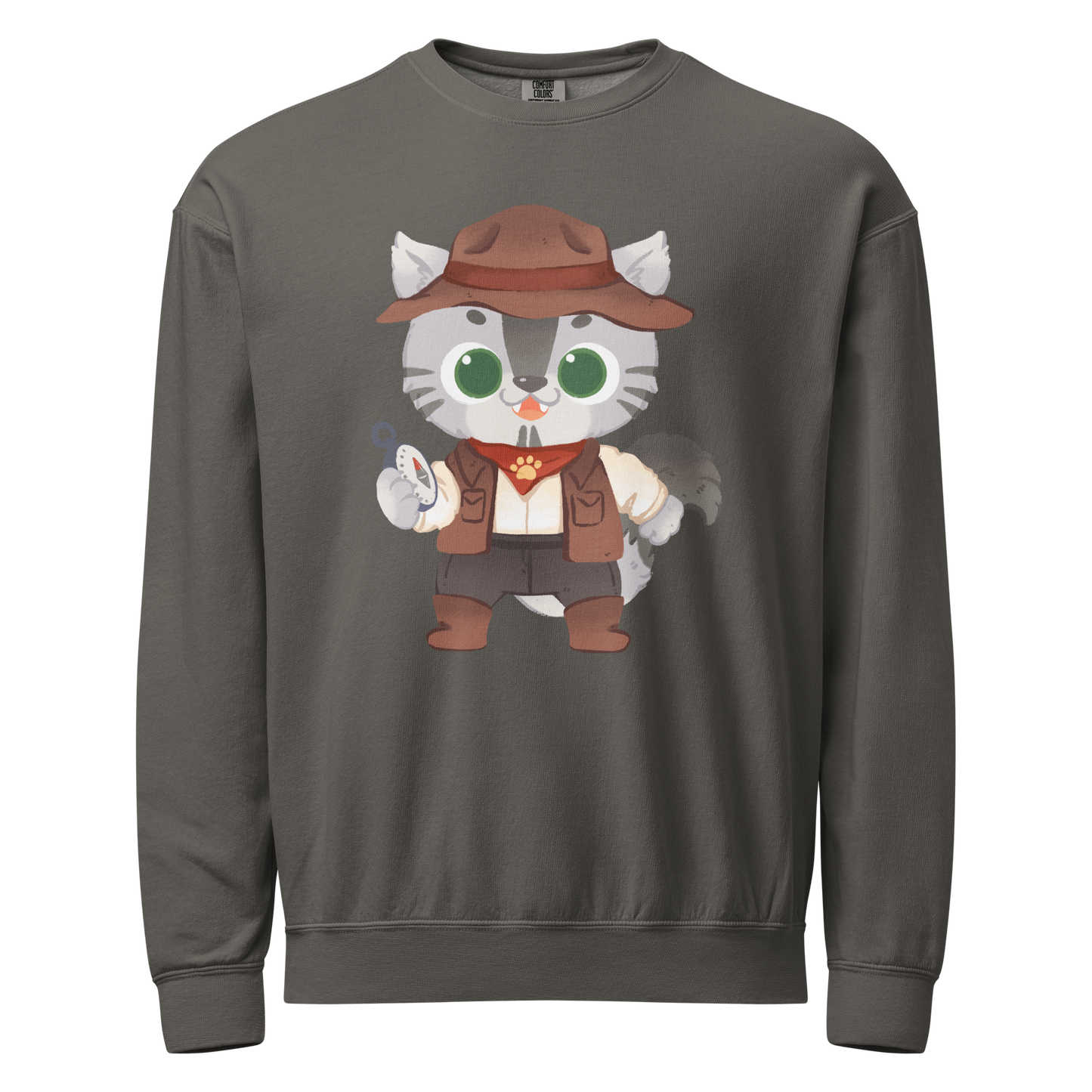 Gray crewneck sweatshirt with adventure cat with compass design