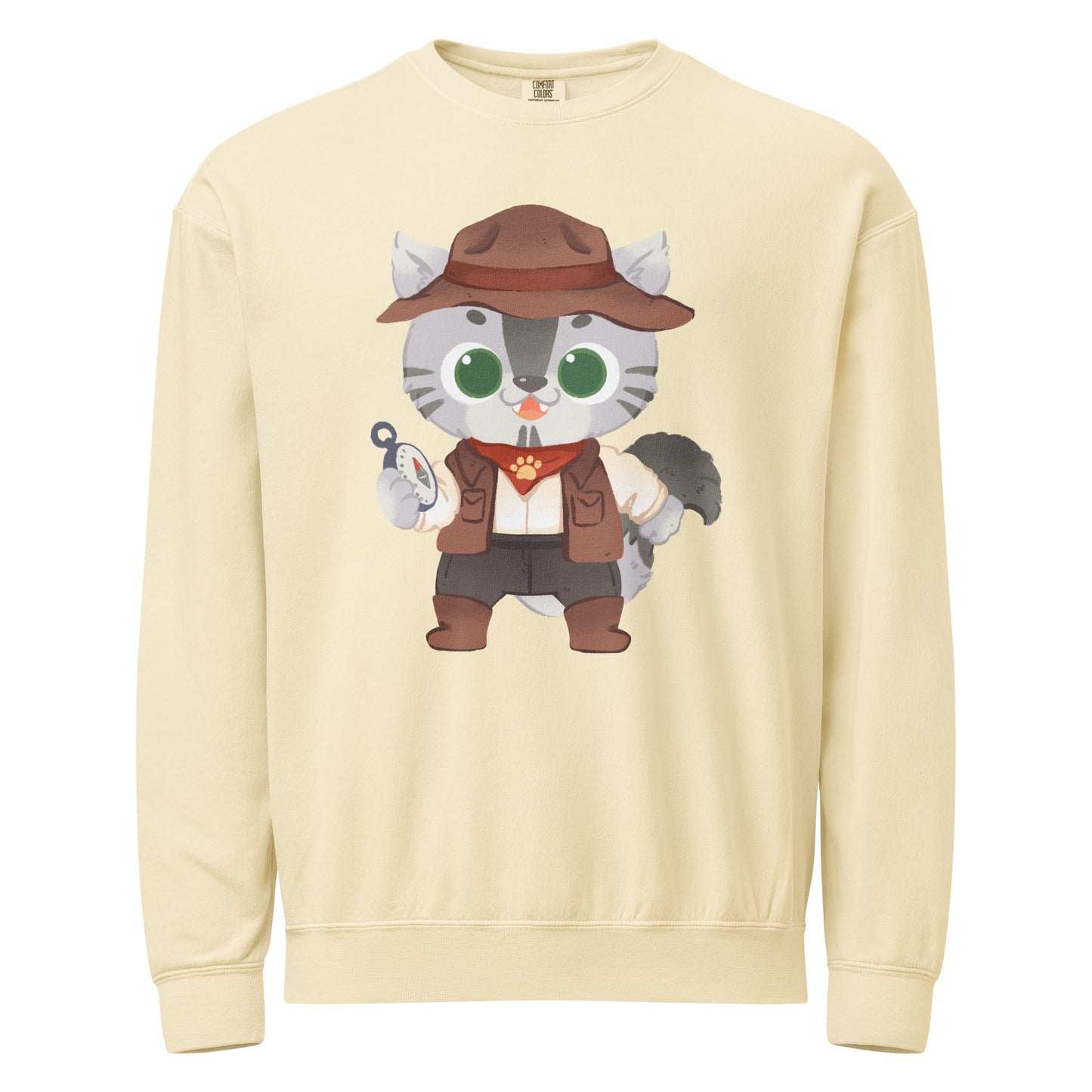 Ivory crewneck sweatshirt with adventure cat with compass design