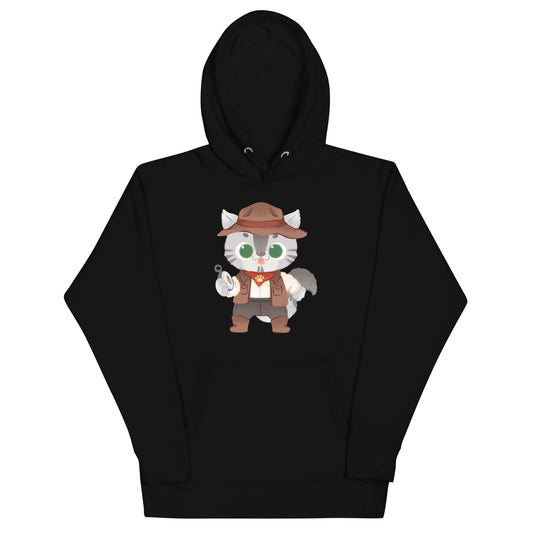 Black hoodie with gray cat in adventure outfit holding a compass graphic design