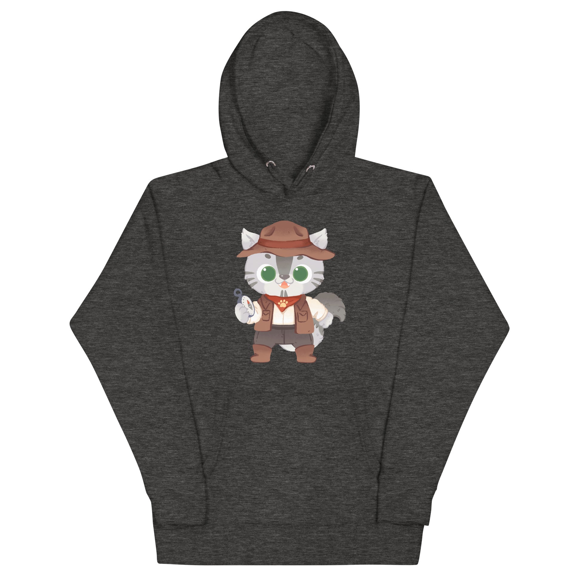 Dark gray heathered hoodie with gray cat in adventure outfit holding a compass graphic design