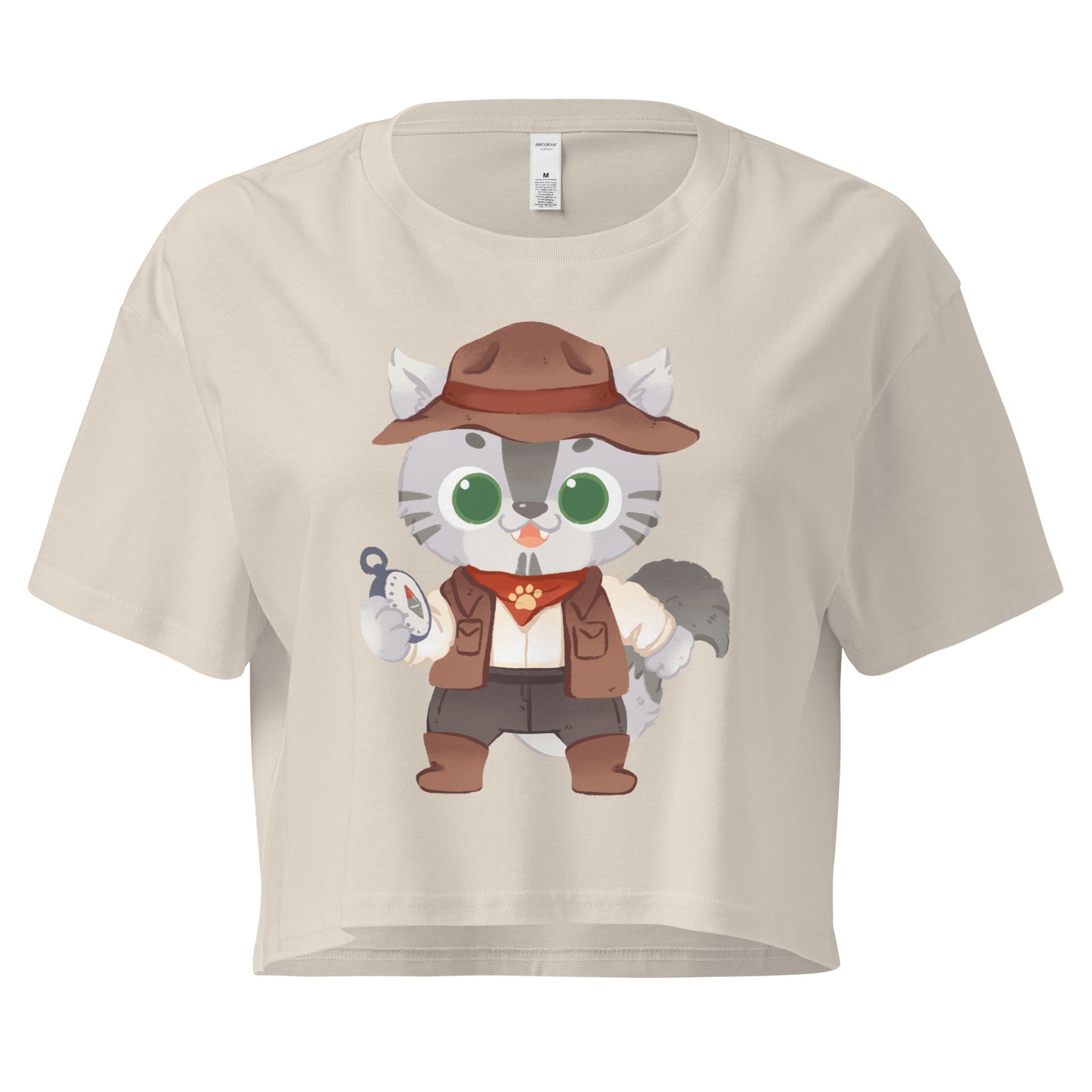 Beige crop top with adventure cat with compass graphic design