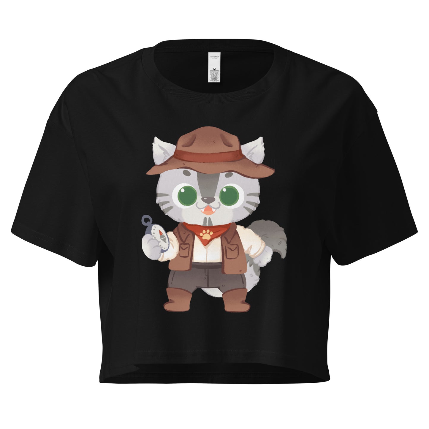 Black crop top with adventure cat with compass graphic design