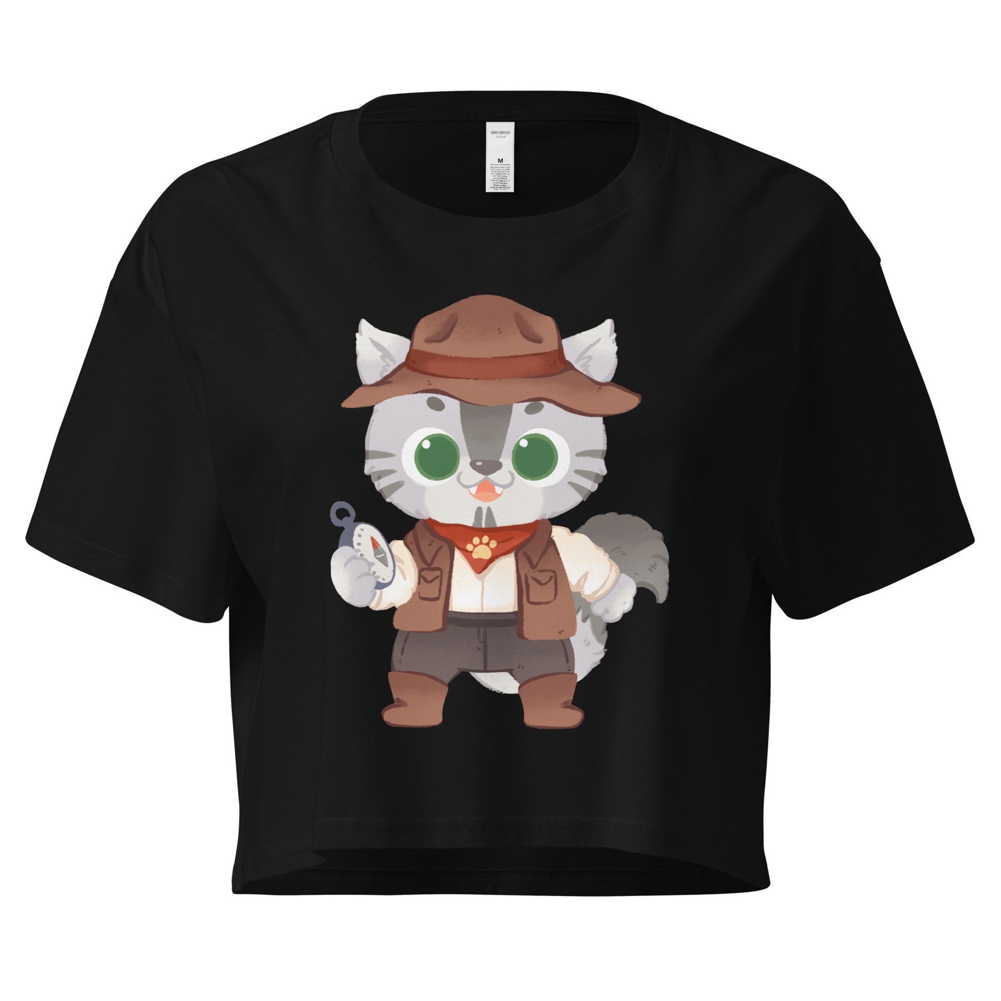 Black crop top with adventure cat with compass graphic design