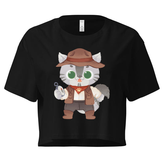 Black crop top with adventure cat with compass graphic design