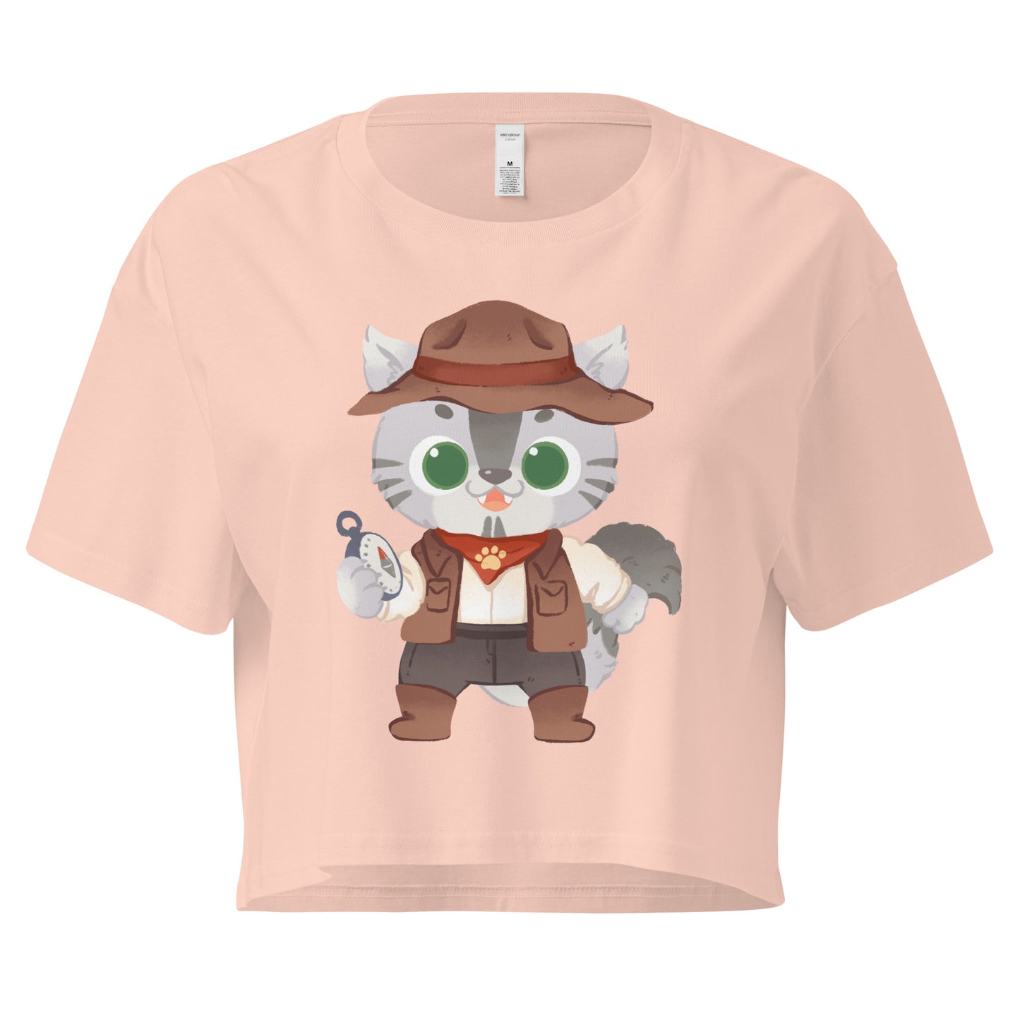 Peach crop top with adventure cat with compass graphic design