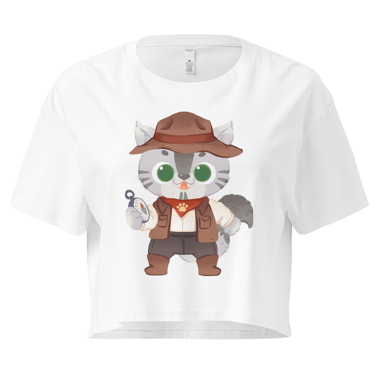 White crop top with adventure cat with compass graphic design